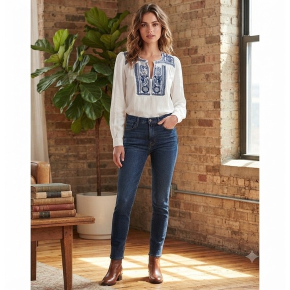 Saint Tropez West Tops - Saint Tropez‎ West Embroidered Blouse Top White Blue Long Sleeve Boho Medium